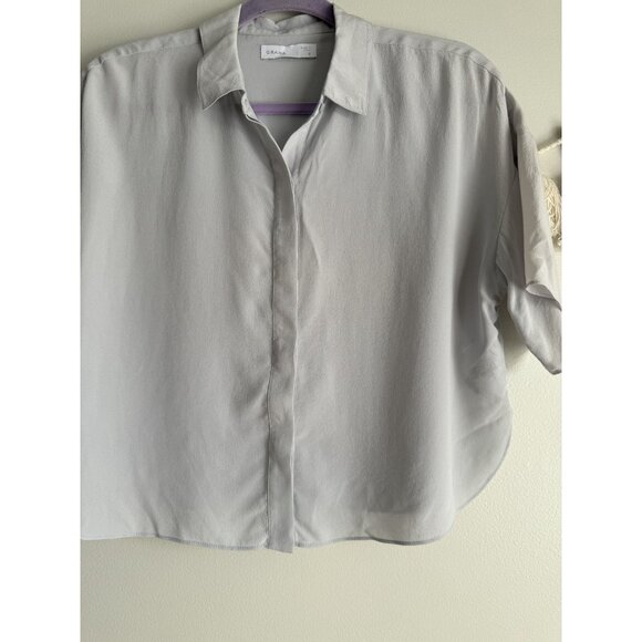 Grana 100% Silk Gray Boxy Button Down Top Timeless Modest Minimalist Basics S - Picture 5 of 9